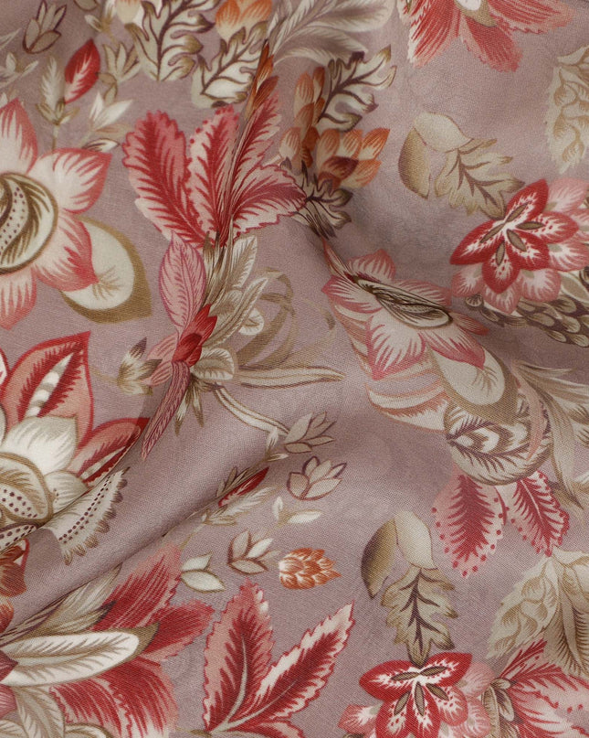 Dusty Mauve Floral Printed Viscose Modal Satin Fabric, Allover Botanical Motif Satin Weave Fashion Fabric, 110 Cms Width, Made in India-D27282