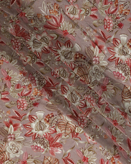 Dusty Mauve Floral Printed Viscose Modal Satin Fabric, Allover Botanical Motif Satin Weave Fashion Fabric, 110 Cms Width, Made in India-D27282