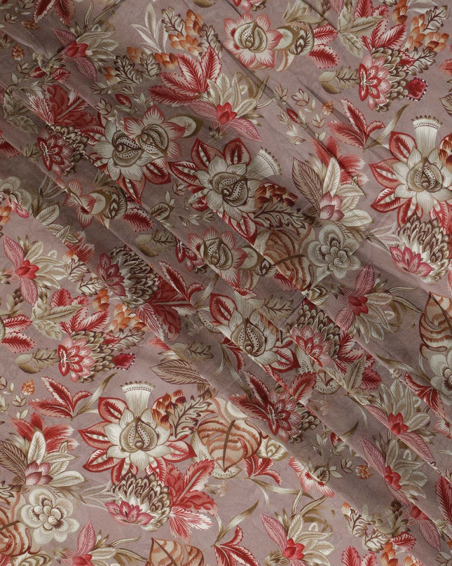 Dusty Mauve Floral Printed Viscose Modal Satin Fabric, Allover Botanical Motif Satin Weave Fashion Fabric, 110 Cms Width, Made in India-D27282