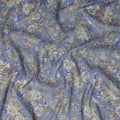 Slate Blue Floral Printed Viscose Modal Satin Fabric, Allover Botanical Flower and Leaf Design Satin Weave Fabric, 110 Cms Width, Made in India-D27285