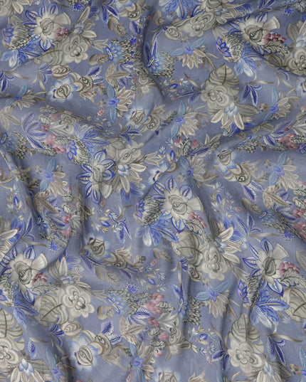 Slate Blue Floral Printed Viscose Modal Satin Fabric, Allover Botanical Flower and Leaf Design Satin Weave Fabric, 110 Cms Width, Made in India-D27285