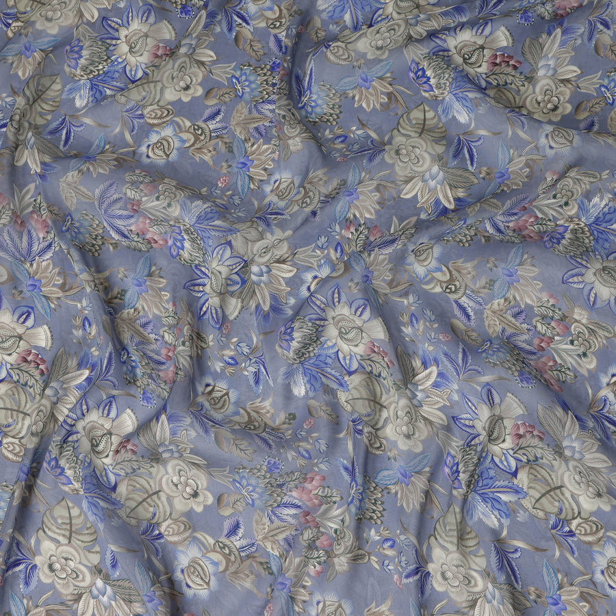 Slate Blue Floral Printed Viscose Modal Satin Fabric, Allover Botanical Flower and Leaf Design Satin Weave Fabric, 110 Cms Width, Made in India-D27285