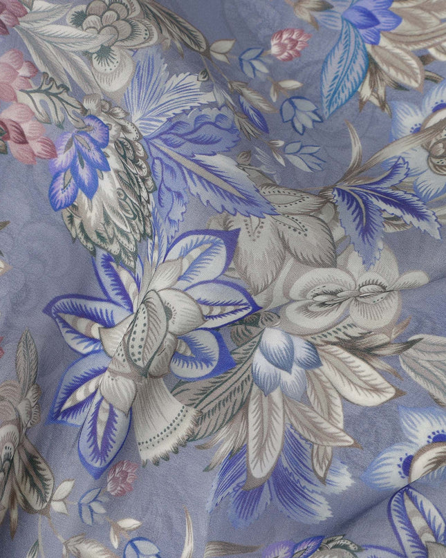 Slate Blue Floral Printed Viscose Modal Satin Fabric, Allover Botanical Flower and Leaf Design Satin Weave Fabric, 110 Cms Width, Made in India-D27285
