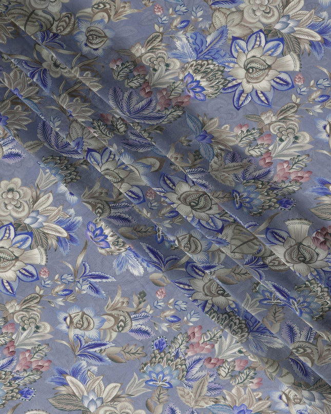 Slate Blue Floral Printed Viscose Modal Satin Fabric, Allover Botanical Flower and Leaf Design Satin Weave Fabric, 110 Cms Width, Made in India-D27285