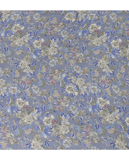 Slate Blue Floral Printed Viscose Modal Satin Fabric, Allover Botanical Flower and Leaf Design Satin Weave Fabric, 110 Cms Width, Made in India-D27285