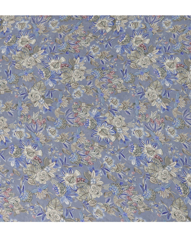 Slate Blue Floral Printed Viscose Modal Satin Fabric, Allover Botanical Flower and Leaf Design Satin Weave Fabric, 110 Cms Width, Made in India-D27285