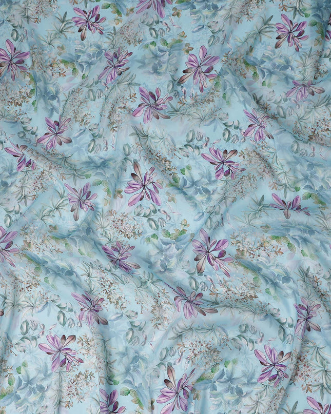 Powder Sky Blue Floral Viscose Digital Print Fabric 110cm