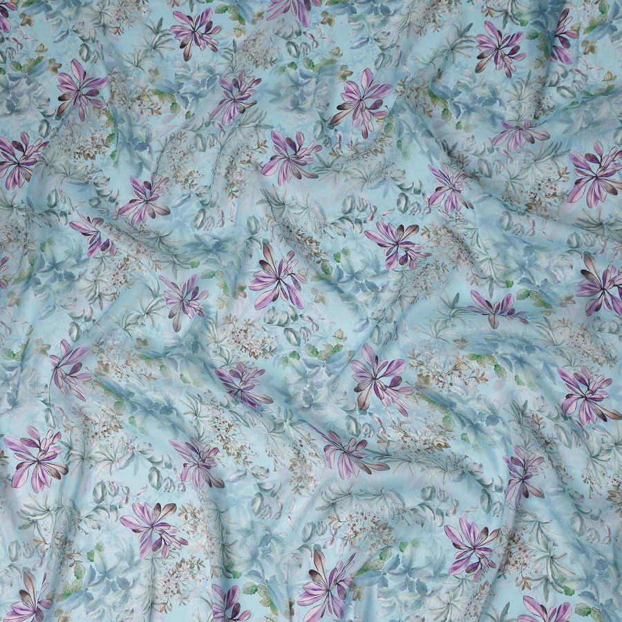 Powder Sky Blue Floral Viscose Digital Print Fabric 110cm