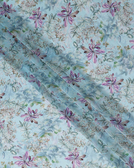 Powder Sky Blue Floral Viscose Digital Print Fabric 110cm