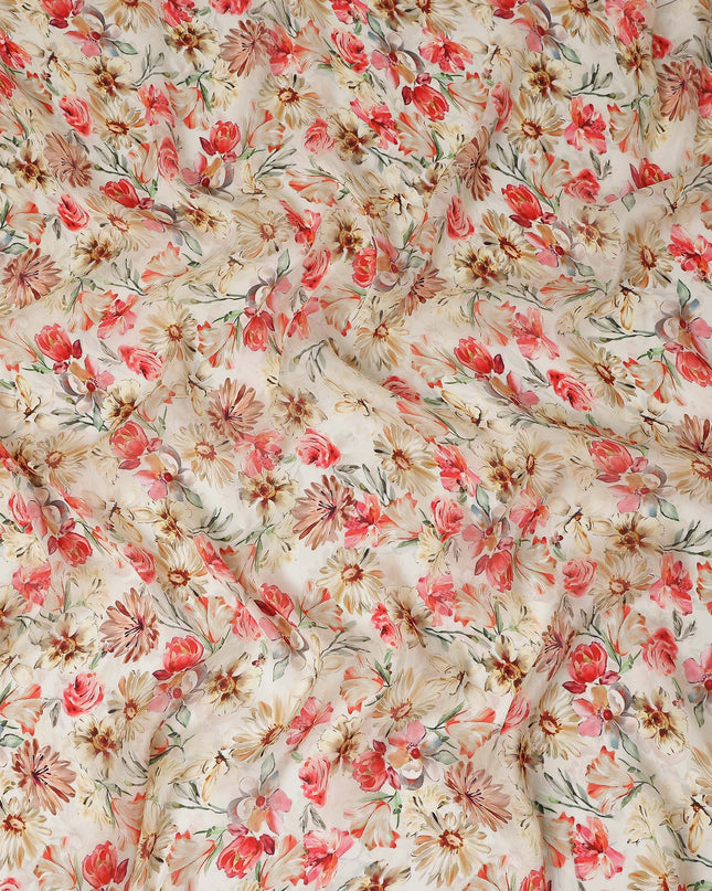 Coral Red Floral Viscose Digital Print Fabric 110cm