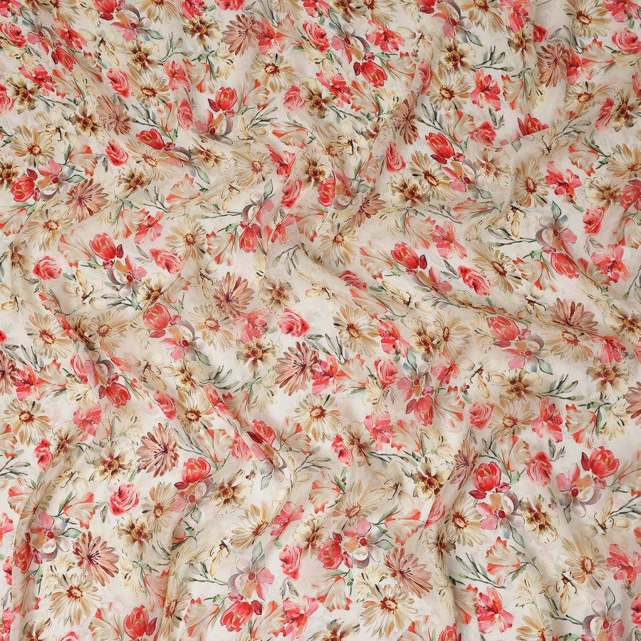 Coral Red Floral Viscose Digital Print Fabric 110cm