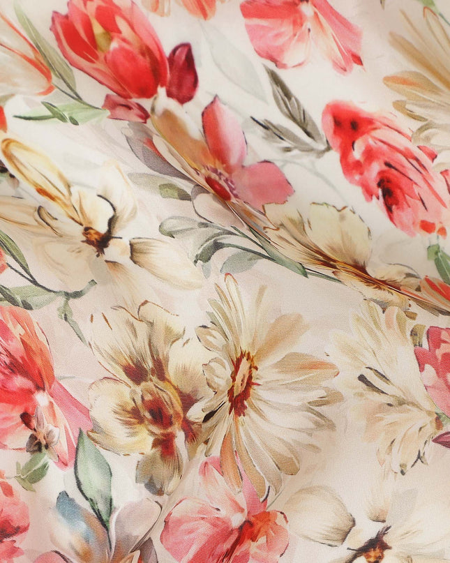 Coral Red Floral Viscose Digital Print Fabric 110cm