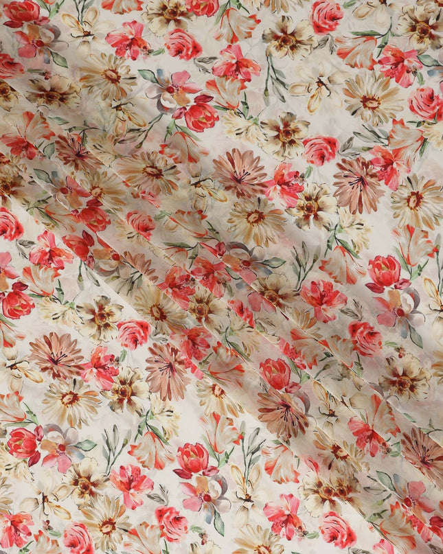 Coral Red Floral Viscose Digital Print Fabric 110cm