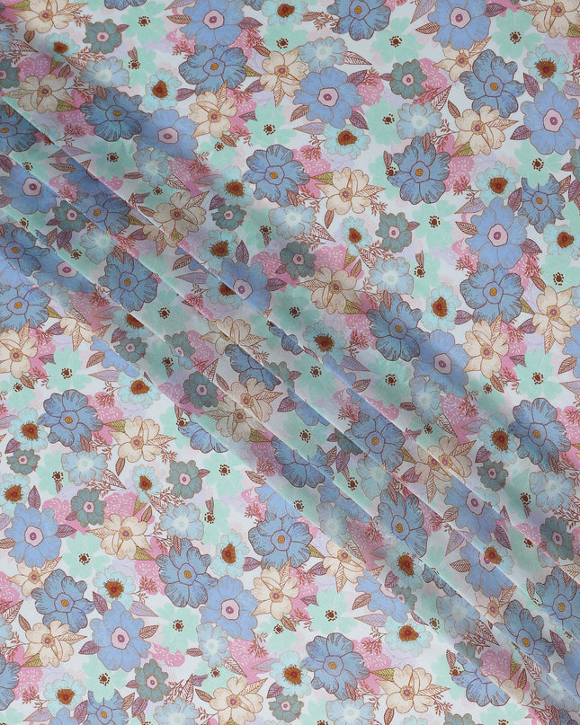 Periwinkle Blue Floral Viscose Digital Print Fabric 110cm