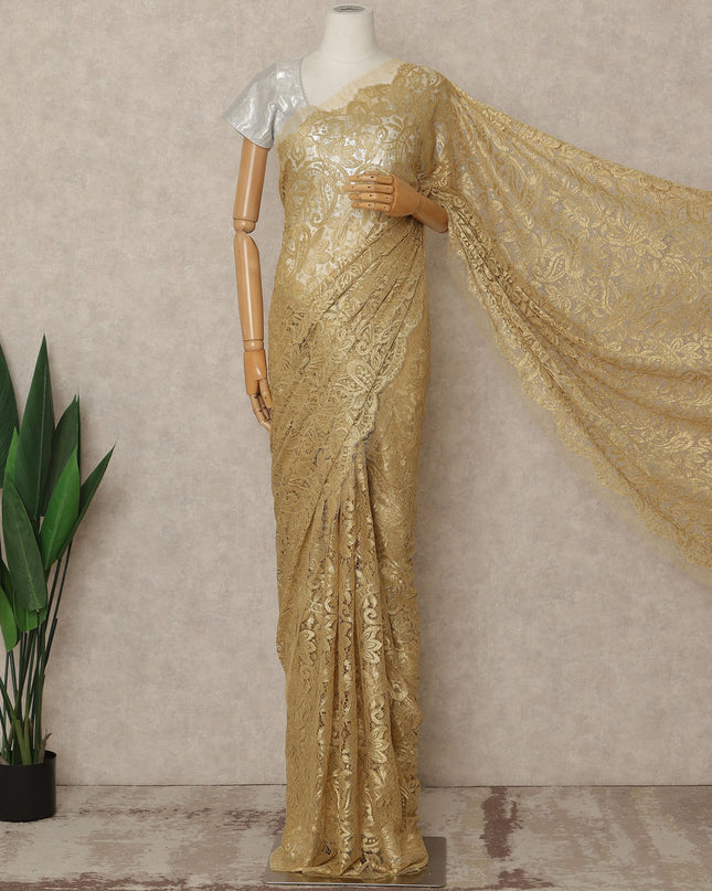 Golden Beige Premium French Metallic Chantilly Saree Lace 5.5 Mtrs 110 Cms Width France-D27770