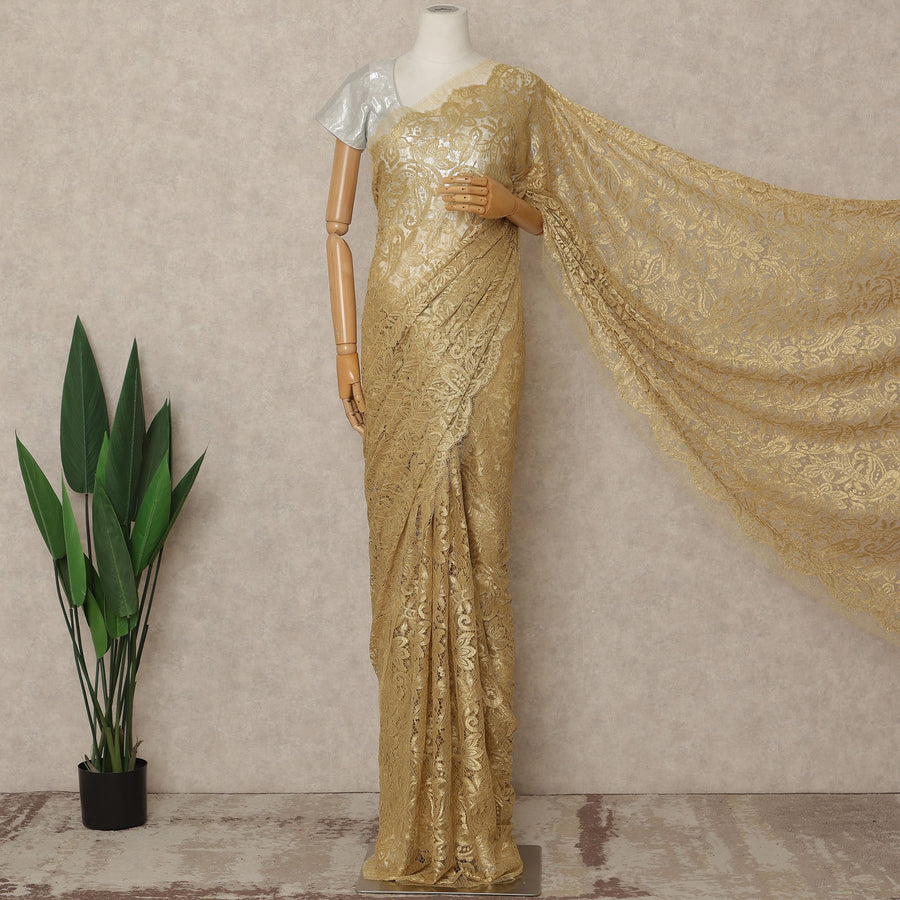Golden Beige Premium French Metallic Chantilly Saree Lace 5.5 Mtrs 110 Cms Width France-D27770