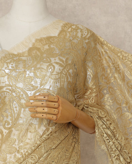 Golden Beige Premium French Metallic Chantilly Saree Lace 5.5 Mtrs 110 Cms Width France-D27770