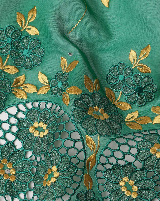 Emerald Green Traditional Sudanese Premium Thobe Pure Cotton Voile Embroidery Fabric with Stone Work 4.5 Mtrs Length 140 Cms Width Lightweight Breathable Elegant Cultural Wear Fabric-D28366