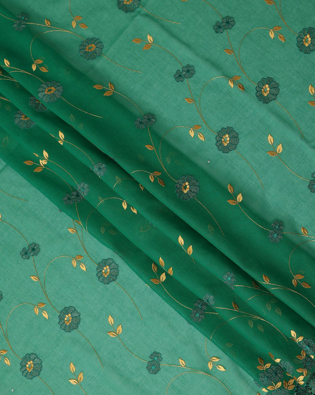 Emerald Green Traditional Sudanese Premium Thobe Pure Cotton Voile Embroidery Fabric with Stone Work 4.5 Mtrs Length 140 Cms Width Lightweight Breathable Elegant Cultural Wear Fabric-D28366