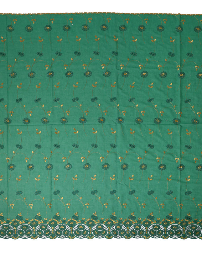 Emerald Green Traditional Sudanese Premium Thobe Pure Cotton Voile Embroidery Fabric with Stone Work 4.5 Mtrs Length 140 Cms Width Lightweight Breathable Elegant Cultural Wear Fabric-D28366