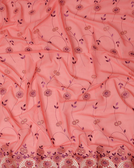 Coral Pink Traditional Sudanese Premium Thobe Pure Cotton Voile Embroidery Fabric with Stone Work 4.5 Mtrs Length 140 Cms Width Lightweight Breathable Elegant Cultural Wear Fabric-D28367
