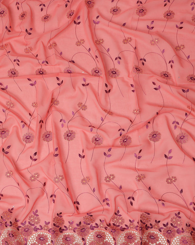 Coral Pink Traditional Sudanese Premium Thobe Pure Cotton Voile Embroidery Fabric with Stone Work 4.5 Mtrs Length 140 Cms Width Lightweight Breathable Elegant Cultural Wear Fabric-D28367