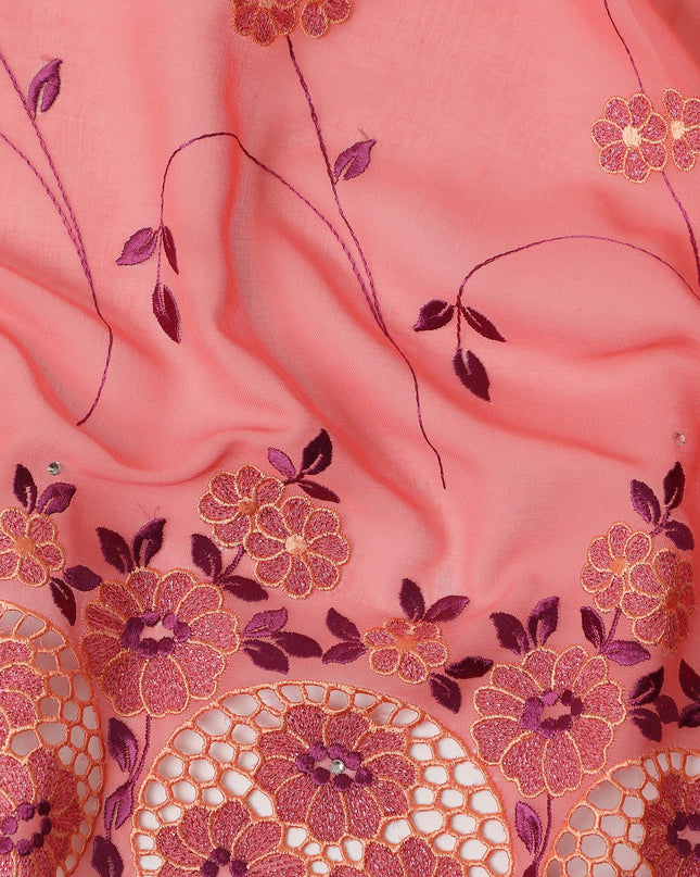 Coral Pink Traditional Sudanese Premium Thobe Pure Cotton Voile Embroidery Fabric with Stone Work 4.5 Mtrs Length 140 Cms Width Lightweight Breathable Elegant Cultural Wear Fabric-D28367
