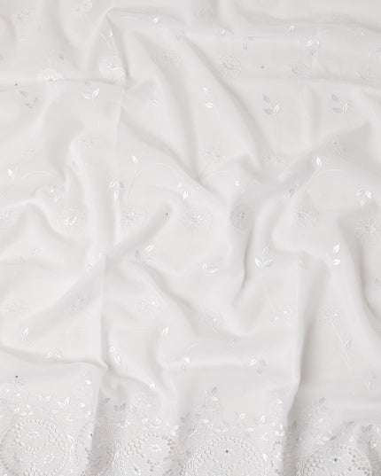 Pure White Traditional Sudanese Premium Thobe Pure Cotton Voile Embroidery Fabric with Stone Work 4.5 Mtrs Length 140 Cms Width Lightweight Breathable Elegant Cultural Wear Fabric-D28371