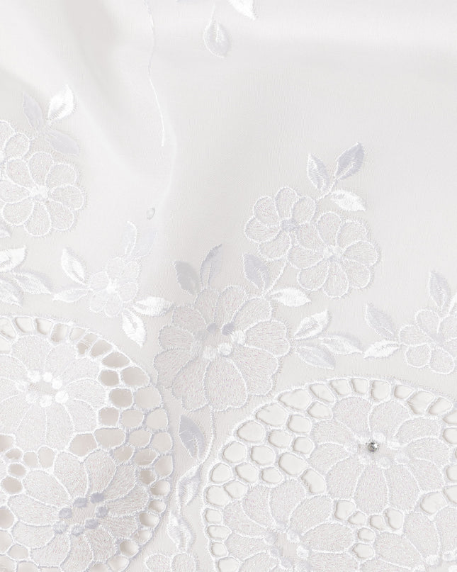 Pure White Traditional Sudanese Premium Thobe Pure Cotton Voile Embroidery Fabric with Stone Work 4.5 Mtrs Length 140 Cms Width Lightweight Breathable Elegant Cultural Wear Fabric-D28371