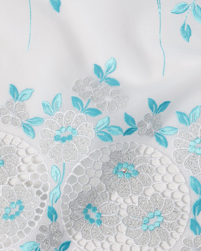 White Traditional Sudanese Premium Thobe Pure Cotton Voile Embroidery Fabric with Stone Work 4.5 Mtrs Length 140 Cms Width Lightweight Breathable Elegant Cultural Wear Fabric-D28368