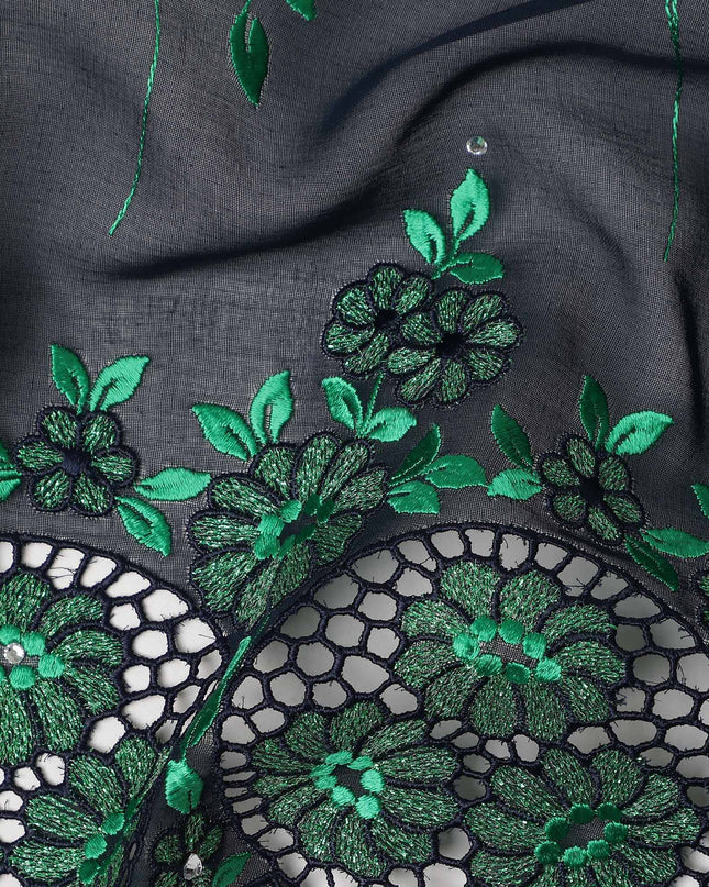 Navy Blue Traditional Sudanese Premium Thobe Pure Cotton Voile Embroidery Fabric with Stone Work 4.5 Mtrs Length 140 Cms Width Lightweight Breathable Elegant Cultural Wear Fabric-D28372