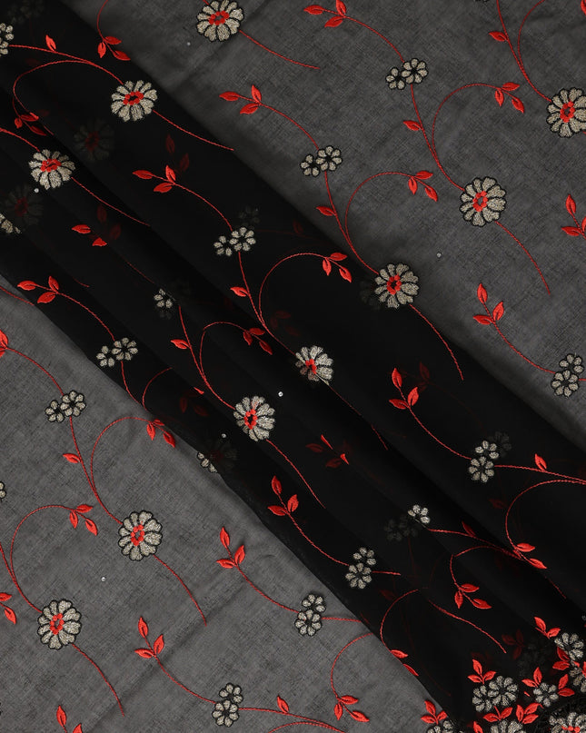 Jet Black Traditional Sudanese Premium Thobe Pure Cotton Voile Embroidery Fabric with Stone Work 4.5 Mtrs Length 140 Cms Width Lightweight Breathable Elegant Cultural Wear Fabric-D28373