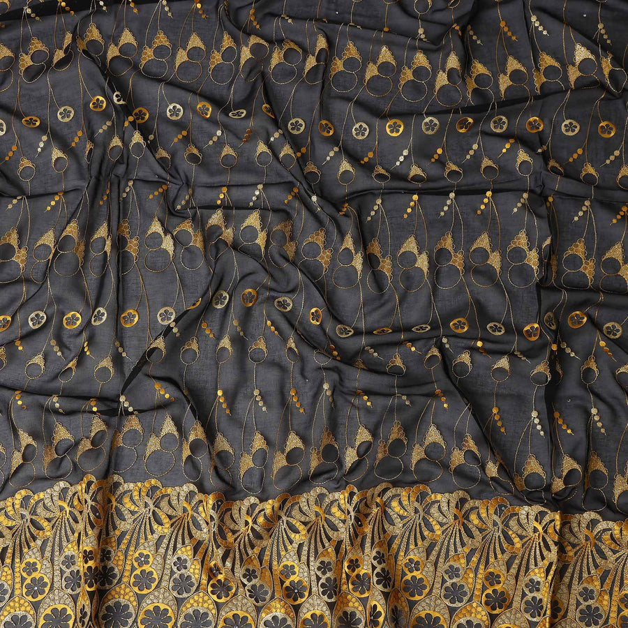 Black Abstract Premium Pure Swiss 100% Cotton Voile Embroidered Traditional Sudanese Thobe 4.5 Mtrs 140cm Swiss Quality - D30308