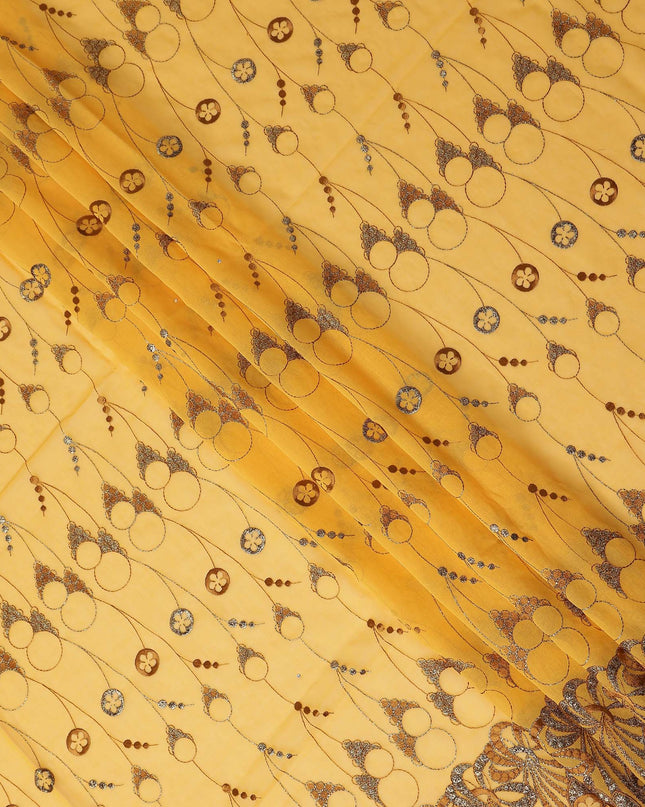 Mustrad Yellow Abstract Premium Pure Swiss 100% Cotton Voile Embroidered Traditional Sudanese Thobe 4.5 Mtrs 140cm Swiss Quality - D30306