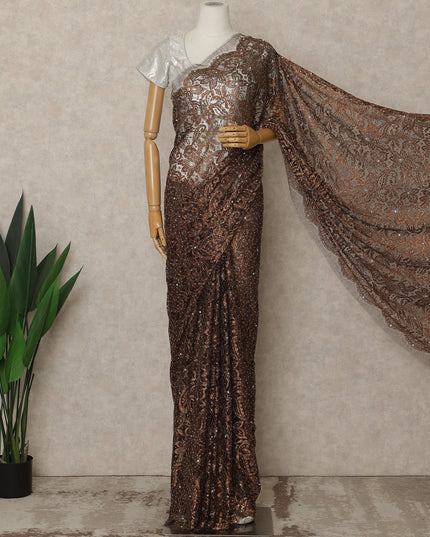 Dark Bronze Brown Premium French Metallic Chantilly Saree Lace with Stone Work 5.5 Mtrs Length, Width 110 Cms and Made in France-D27167
