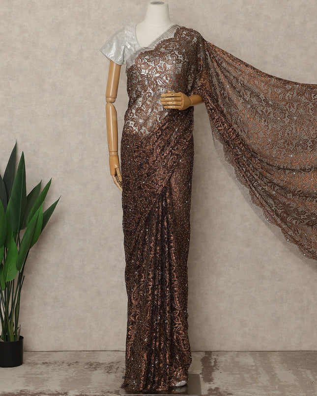 Dark Bronze Brown Premium French Metallic Chantilly Saree Lace with Stone Work 5.5 Mtrs Length, Width 110 Cms and Made in France-D27167
