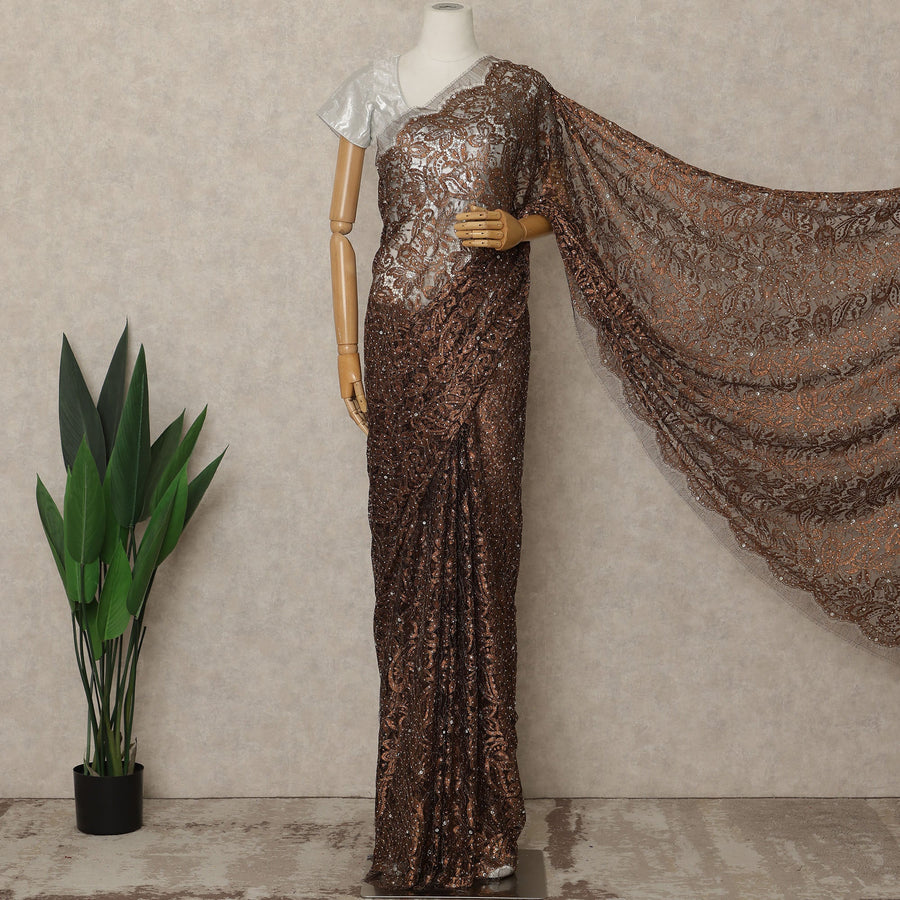 Dark Bronze Brown Premium French Metallic Chantilly Saree Lace with Stone Work 5.5 Mtrs Length, Width 110 Cms and Made in France-D27167