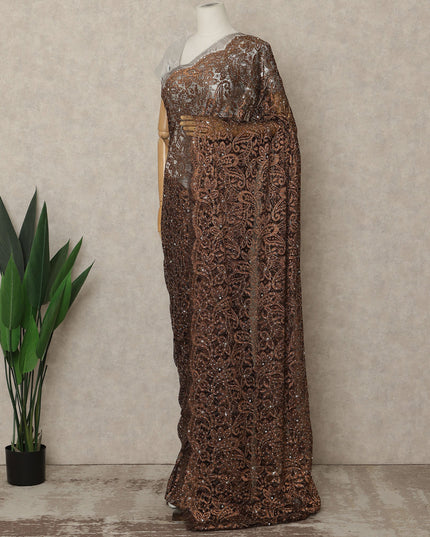 Dark Bronze Brown Premium French Metallic Chantilly Saree Lace with Stone Work 5.5 Mtrs Length, Width 110 Cms and Made in France-D27167