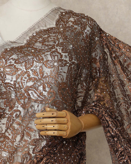 Dark Bronze Brown Premium French Metallic Chantilly Saree Lace with Stone Work 5.5 Mtrs Length, Width 110 Cms and Made in France-D27167