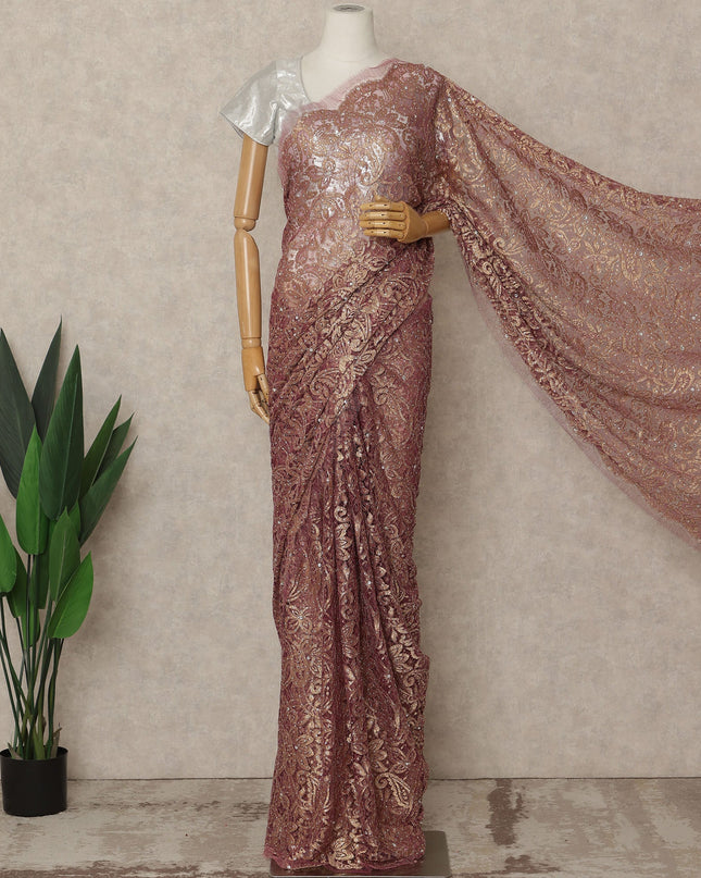 Burgundy Pink Gold Premium French Metallic Chantilly Saree Lace with Stone Work 5.5 Mtrs Length, Width 110 Cms and Made in France-D27166
