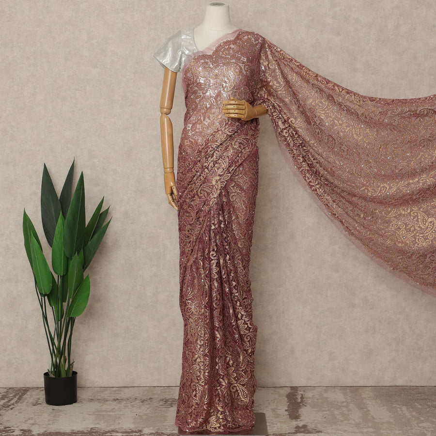 Burgundy Pink Gold Premium French Metallic Chantilly Saree Lace with Stone Work 5.5 Mtrs Length, Width 110 Cms and Made in France-D27166