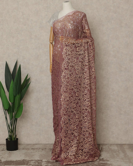 Burgundy Pink Gold Premium French Metallic Chantilly Saree Lace with Stone Work 5.5 Mtrs Length, Width 110 Cms and Made in France-D27166