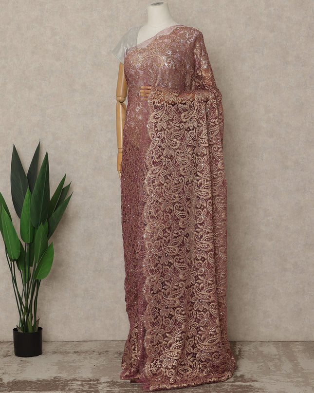 Burgundy Pink Gold Premium French Metallic Chantilly Saree Lace with Stone Work 5.5 Mtrs Length, Width 110 Cms and Made in France-D27166
