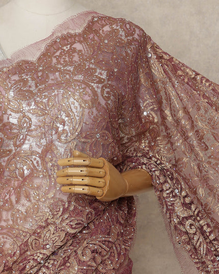Burgundy Pink Gold Premium French Metallic Chantilly Saree Lace with Stone Work 5.5 Mtrs Length, Width 110 Cms and Made in France-D27166