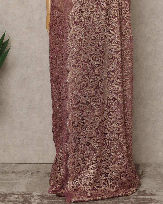 Burgundy Pink Gold Premium French Metallic Chantilly Saree Lace with Stone Work 5.5 Mtrs Length, Width 110 Cms and Made in France-D27166