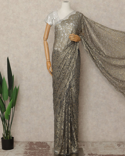 Antique Gold Metallic French Chantilly Saree Lace With Stone Work Elegant Floral Net Design 5.5 Mtrs Length 110 Cms Width Premium Soft Sheer Fabric France Origin-D28925 Regal Fabrics