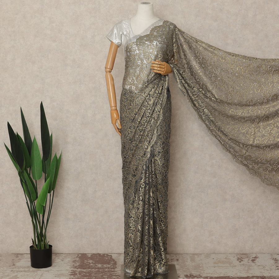 Antique Gold Metallic French Chantilly Saree Lace With Stone Work Elegant Floral Net Design 5.5 Mtrs Length 110 Cms Width Premium Soft Sheer Fabric France Origin-D28925 Regal Fabrics