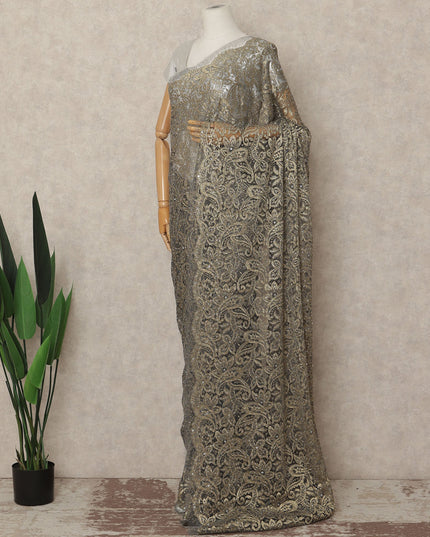 Antique Gold Metallic French Chantilly Saree Lace With Stone Work Elegant Floral Net Design 5.5 Mtrs Length 110 Cms Width Premium Soft Sheer Fabric France Origin-D28925 Regal Fabrics