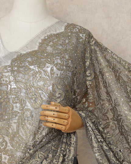 Antique Gold Metallic French Chantilly Saree Lace With Stone Work Elegant Floral Net Design 5.5 Mtrs Length 110 Cms Width Premium Soft Sheer Fabric France Origin-D28925 Regal Fabrics