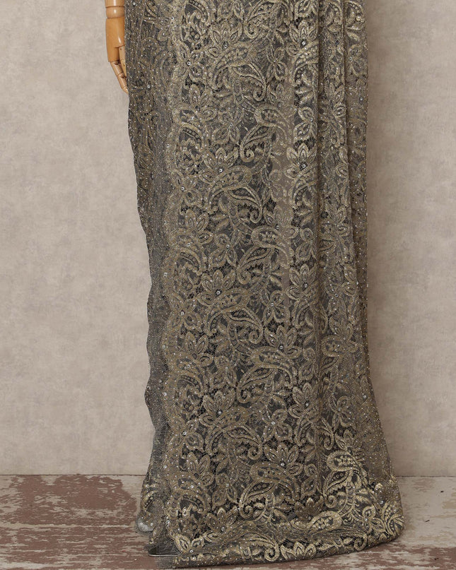 Antique Gold Metallic French Chantilly Saree Lace With Stone Work Elegant Floral Net Design 5.5 Mtrs Length 110 Cms Width Premium Soft Sheer Fabric France Origin-D28925 Regal Fabrics